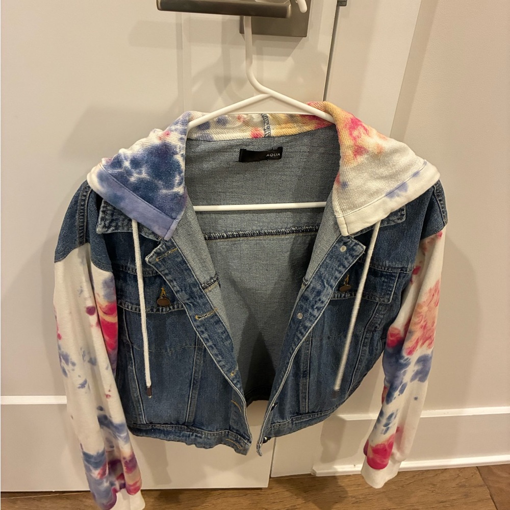 Aqua Blue Denim Jacket with Tie-Dye Sleeves